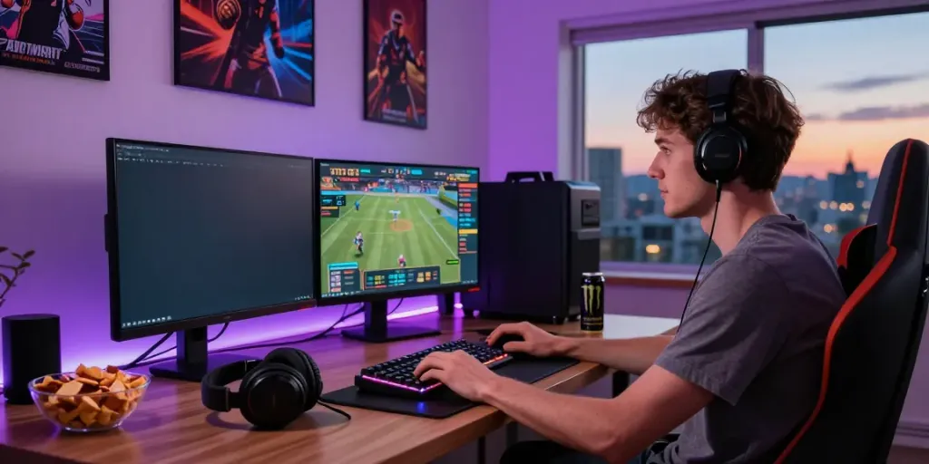 Exciting gaming atmosphere at https://man88.hair/ with a young player focused on live sports betting