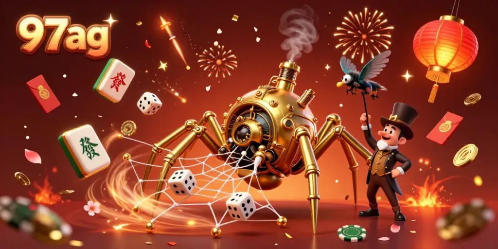 Experience thrilling gameplay at 97ag with a steampunk spider web of fortune in a vibrant casino scene.