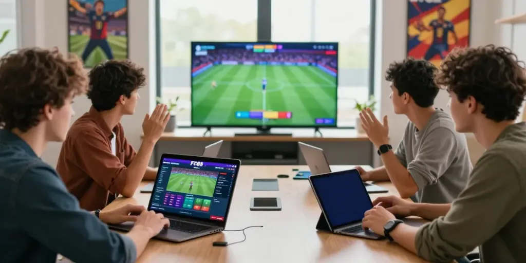 Excited users engaging with FC88 online betting platform on multiple devices, showcasing a lively atmosphere of sports gambling.