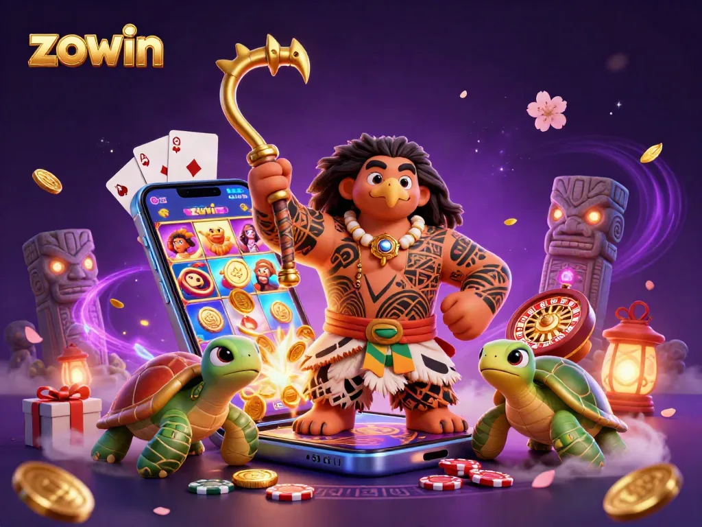 Zowin players celebrate as golden coins and slot games surround a demigod hawk in a vibrant casino scene.