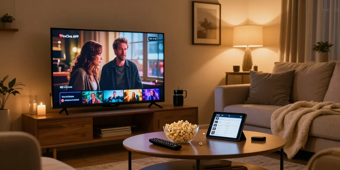 Configuração aconchegante de entretenimento em casa com tela grande exibindo a Youcine APK Versões Antigas.