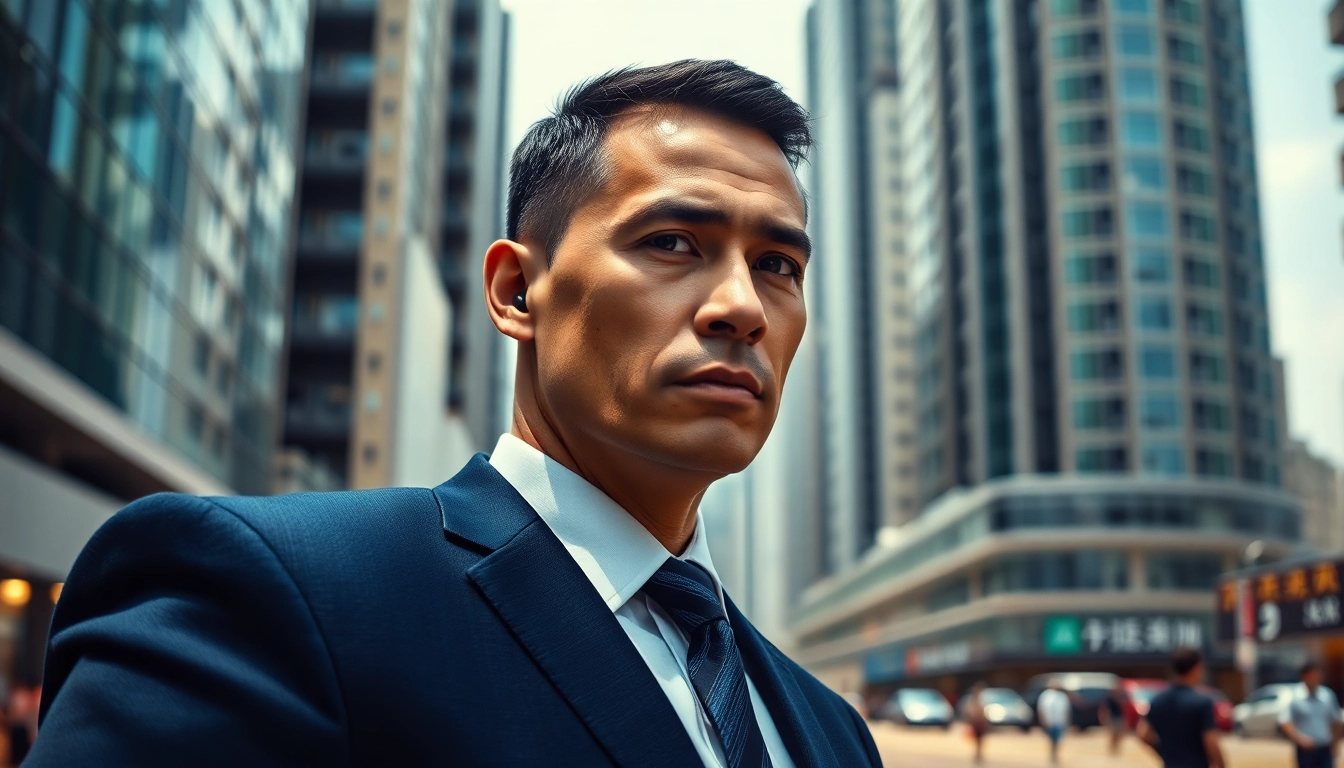 Close protection Hong Kong agent stands ready in a vibrant urban setting, showcasing professionalism and vigilance.