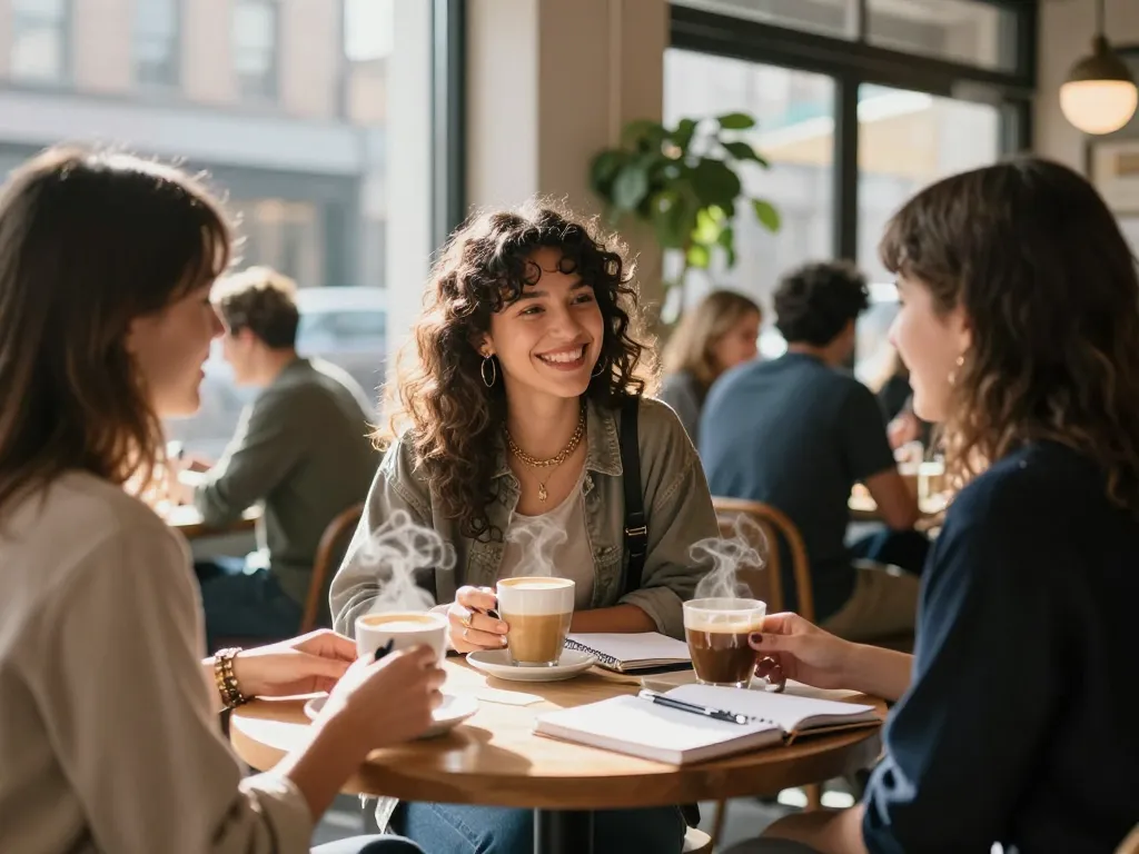 Young woman discussing crush on a friend in a cozy cafe