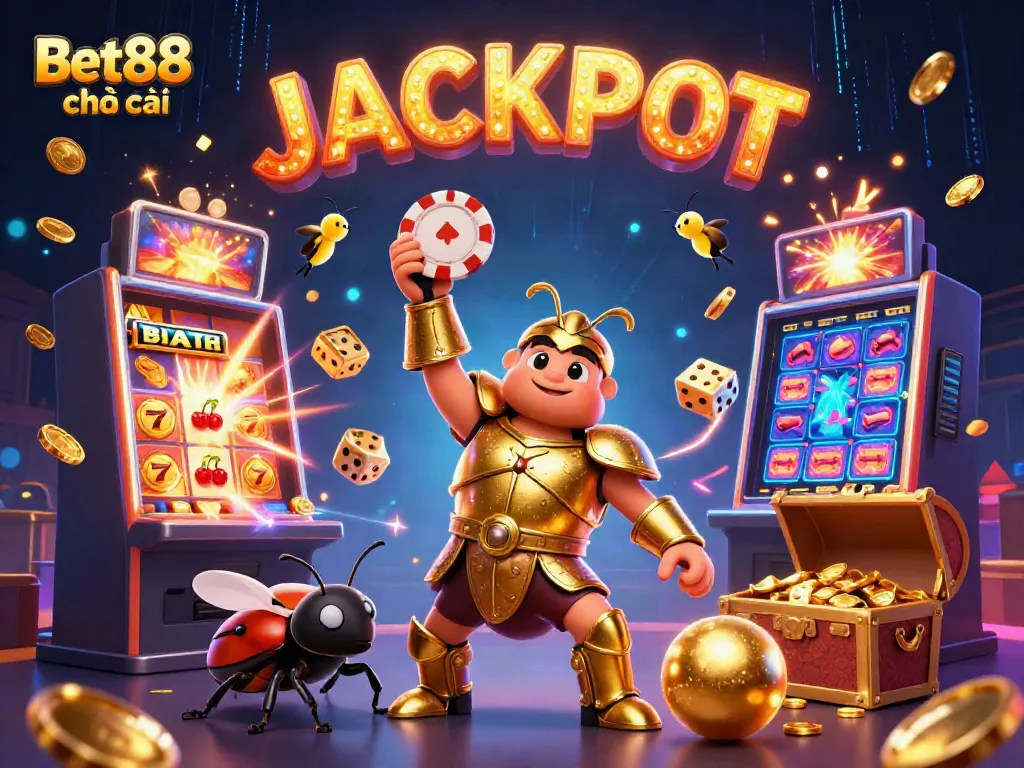 Bet88 nhà cái showcases a victorious beetle lifting a poker chip above a vibrant casino backdrop.