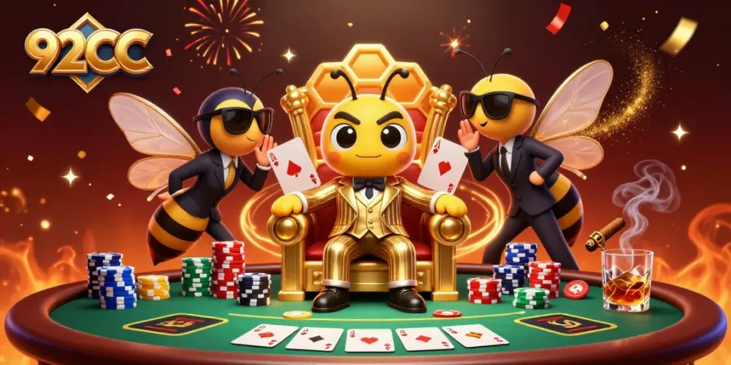 Engage in thrilling poker action with 92CC and charismatic casino characters in this vibrant illustration.