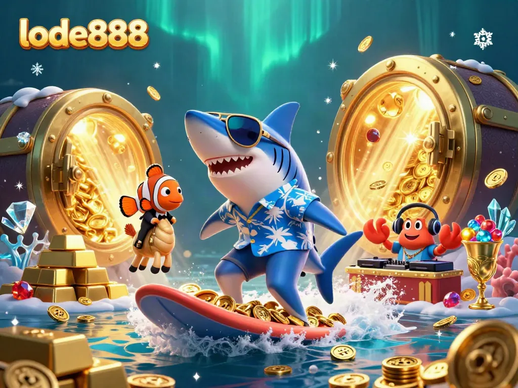 Join the lode888 adventure with our cartoon shark surfing gold coins—experience thrilling wins!