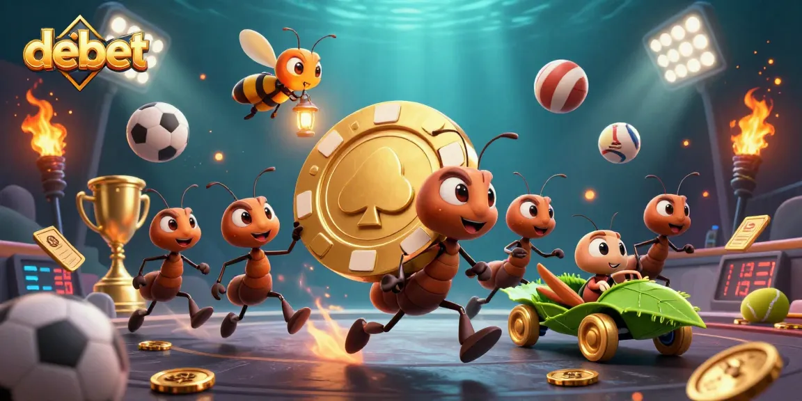 Watch debet's cartoon ants steal a massive poker chip in a vibrant casino scene filled with sports elements.