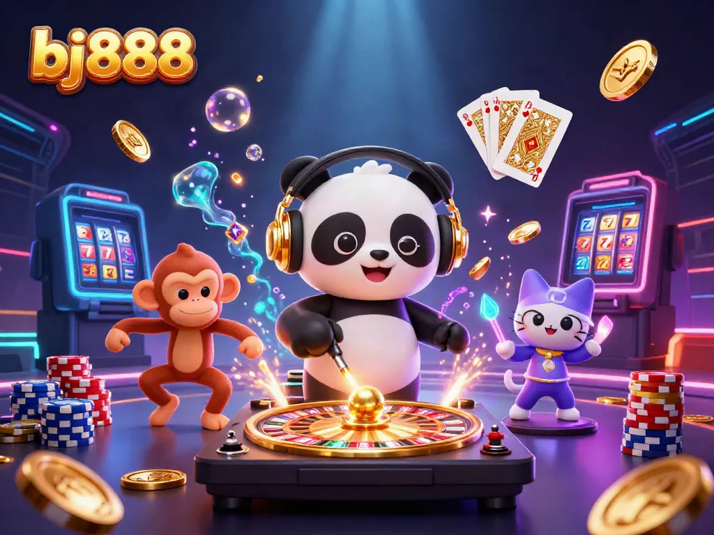 Experience the thrill of modern gambling with bj888 surrounded by vibrant characters and dynamic casino elements.