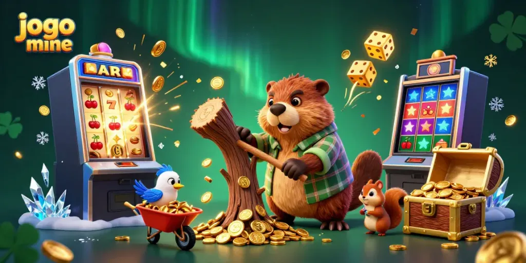 Engage in the exciting jogo mine as a beaver collects golden coins in a vibrant casino scene.