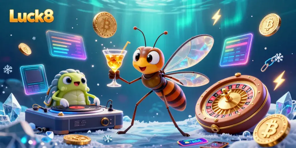 Engage in exciting gameplay with Luck8 as a frosty mascot and a trilobite DJ amid crypto and casino themes.