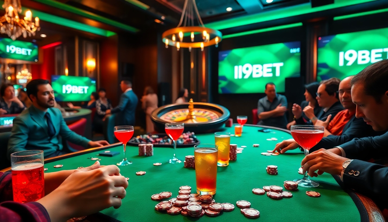 I9BET players engage in thrilling poker action at a luxurious casino table