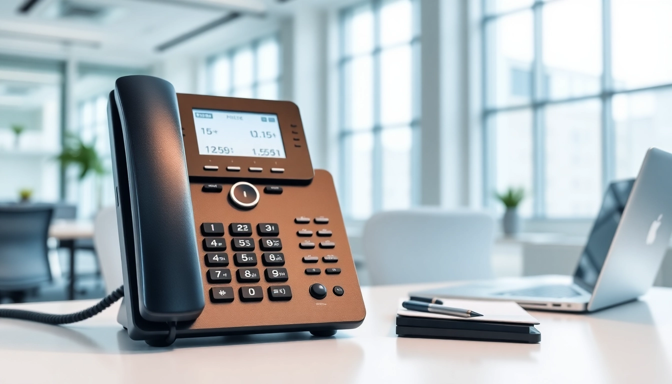 Showcase of office phone systems highlighting a sleek VoIP phone in a modern office setting.