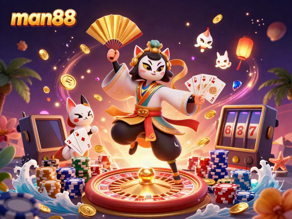 Join the fun with man88 at this vibrant casino scene featuring kabuki warriors and spinning roulette wheels.