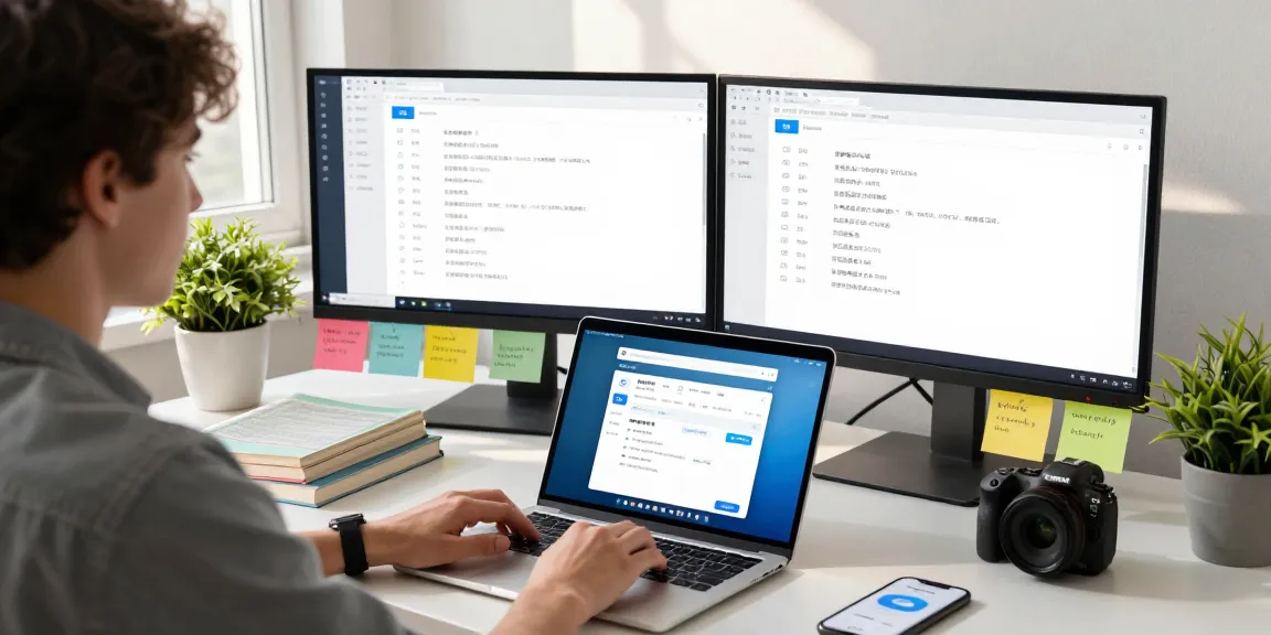 A user setting Telegram Chinese on a laptop in a modern workspace with dual monitors displaying language settings.