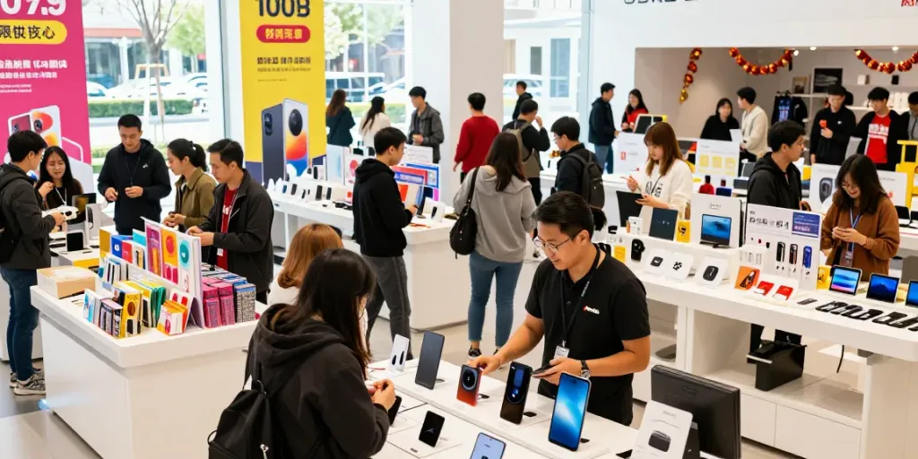 Vibrant marketplace scene showcasing diverse Produtos and engaged shoppers.