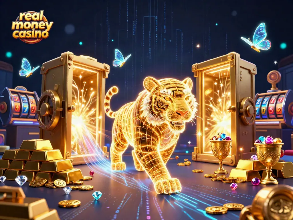 Engage with the exhilarating world of the real money casino, featuring glowing characters and dazzling game elements.