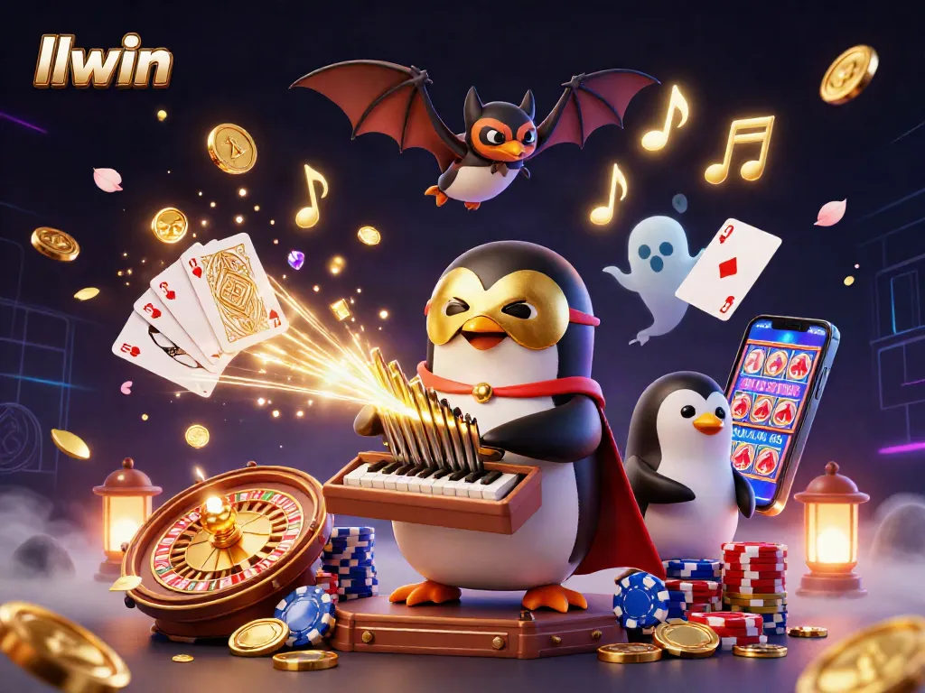llwin brings fortune with a cartoon penguin casino scene filled with coins and jackpots