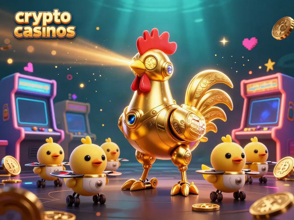 Engaging 3D illustration of crypto casinos with a golden rooster robot, arcade games, and vibrant coins.
