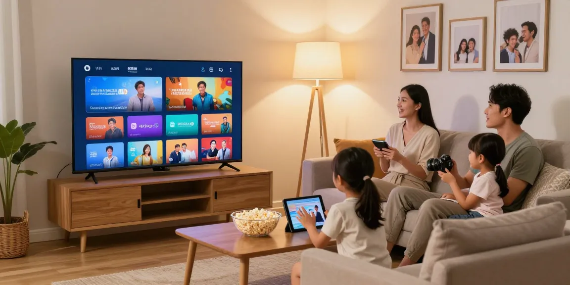 Família desfrutando de IPTV na sala de estar com TV moderna e atmosfera acolhedora.