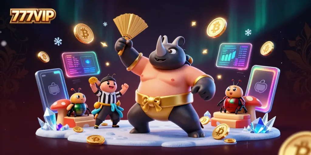 Experience the excitement of 777VIP as a rhinoceros beetle champion triumphantly kicks golden coins, igniting the thrill of winning.