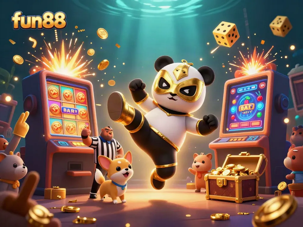 Experience a thrilling fun88 gaming scene with a panda wrestler, a chihuahua referee, and vibrant casino elements!