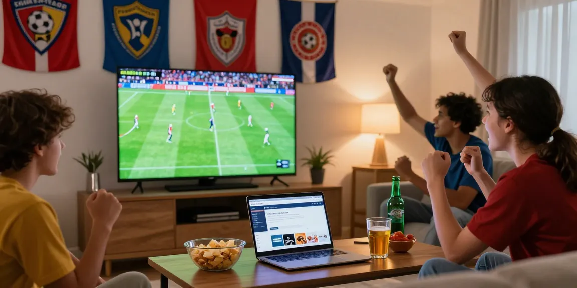 Excited fan watching multicanais streaming live football match at home.