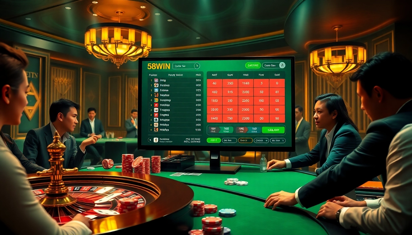 Engaged players experiencing 58WIN online gambling with poker chips, cards, and a digital betting interface.