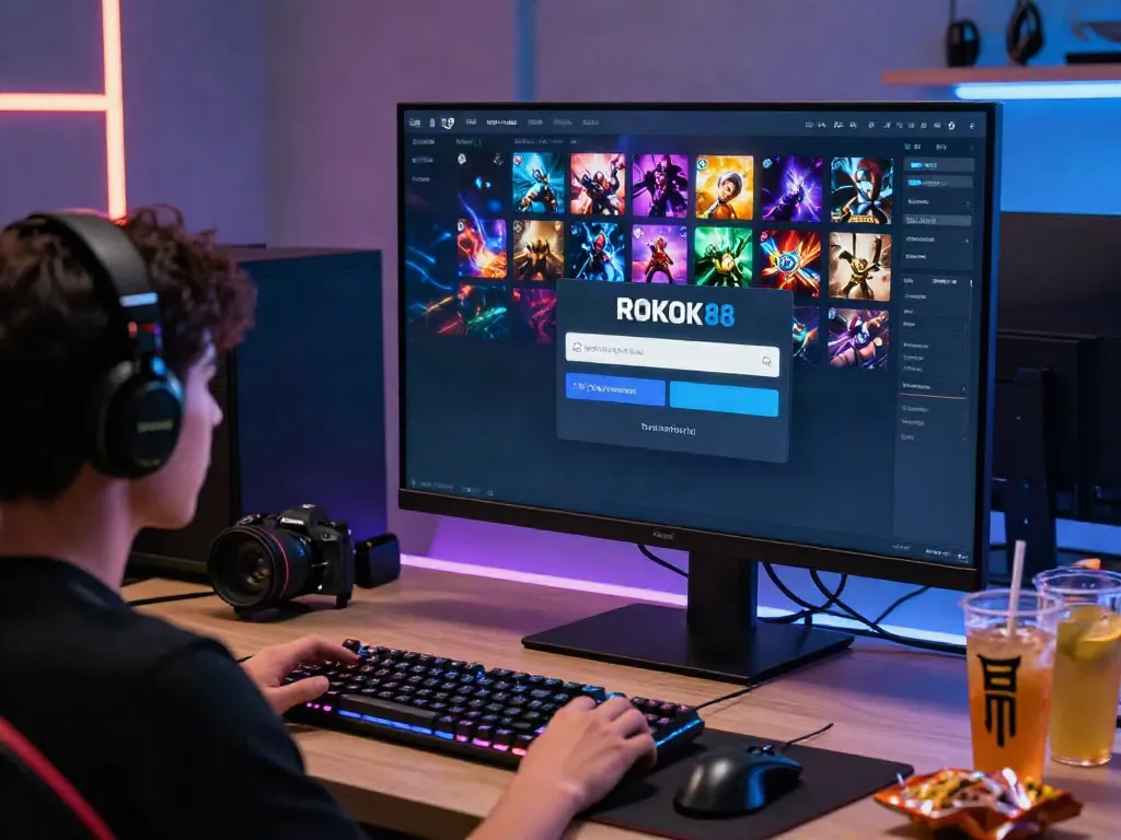 Interactive scene of a user engaging with ROKOK88 login on gaming setup, showcasing vibrant graphics and a modern environment.