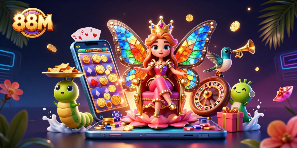 Experience the excitement of 88M with a vibrant illustration of a butterfly queen and casino elements surrounding her.
