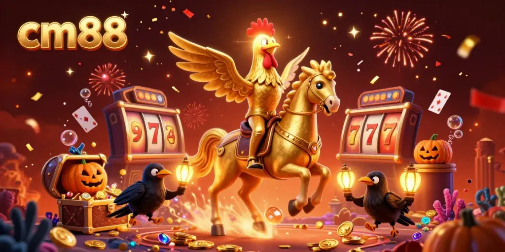 Spin slots and win big at cm88 with a vibrant casino scene featuring a golden rooster and playful crow companions.