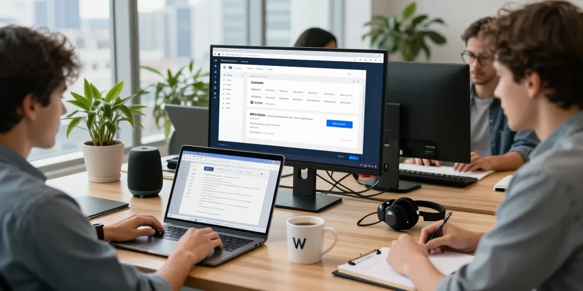 Workspace featuring WPS Official Website applications on laptop, modern office environment.