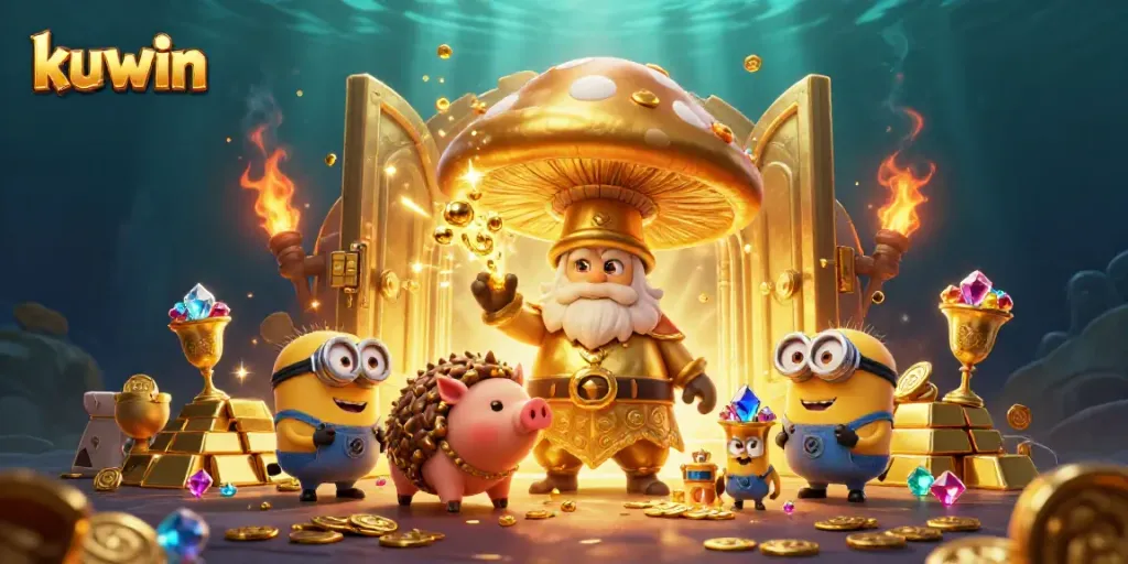 Kuwin's magical golden treasure vault bursting with gems and gold, featuring whimsical wizardry.