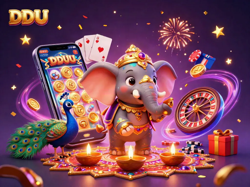 Engage with DDUU’s vibrant gaming world through a festive casino illustration.