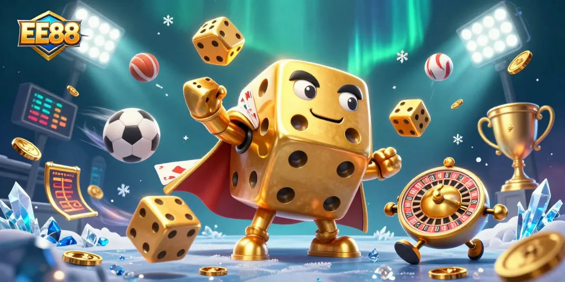 Engage with EE88's vibrant 3D action scene, featuring a golden dice golem and dynamic sports elements.