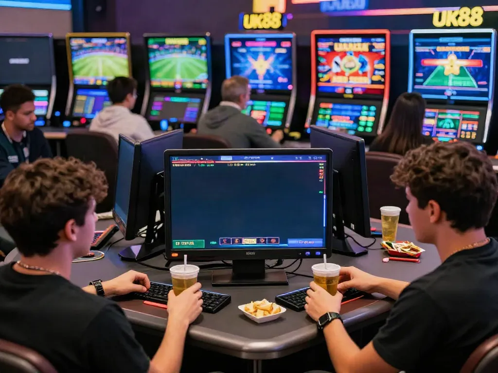 Engaged players at UK88's dynamic online betting platform, showcasing live sports and casino excitement.