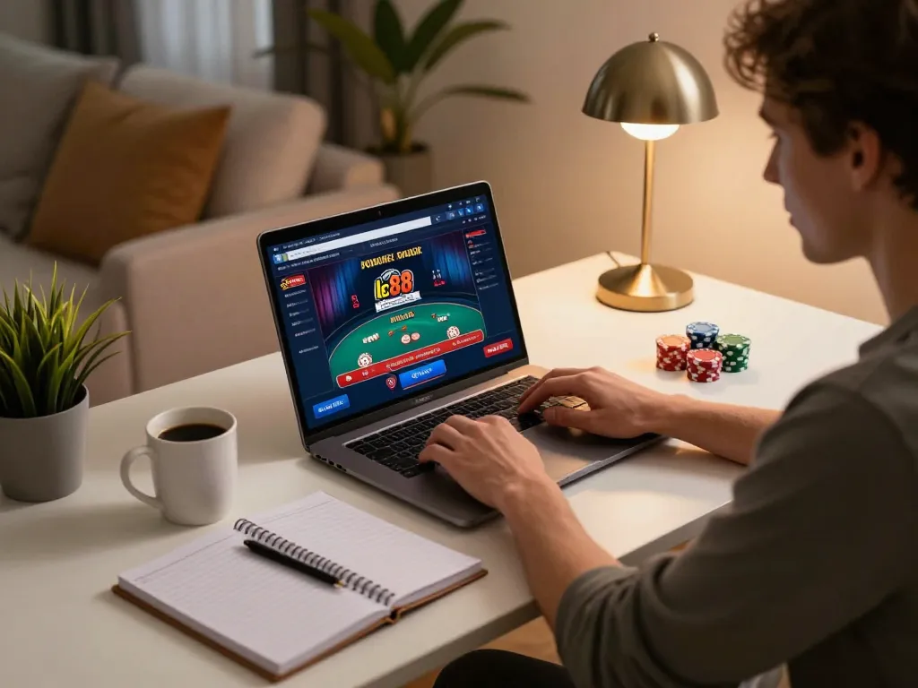 Engaged player enjoying lc 88 online casino gameplay at a stylish home desk with poker notes.