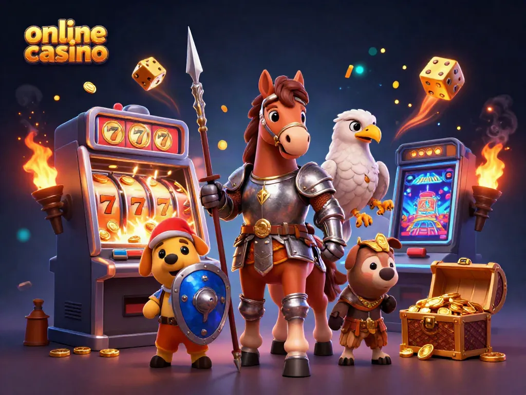 Experience the excitement of an online casino with a knight, puppy, and falcon amid flying slot machine symbols.