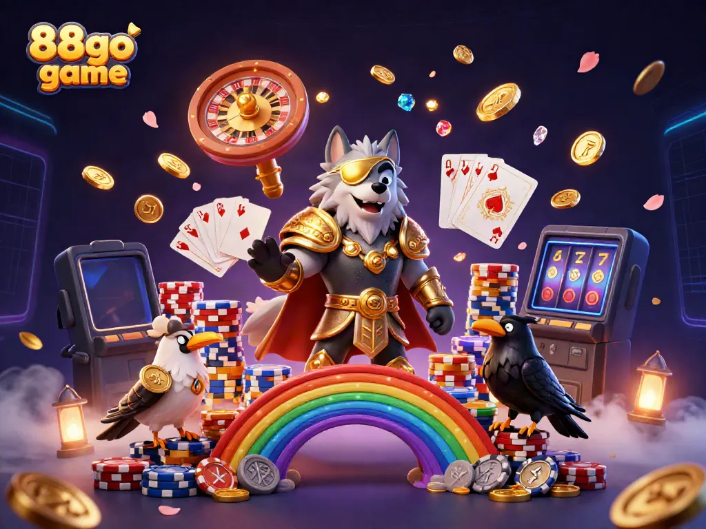 Experience the excitement of the 88go game with a dynamic illustration of mythological characters amidst casino elements.