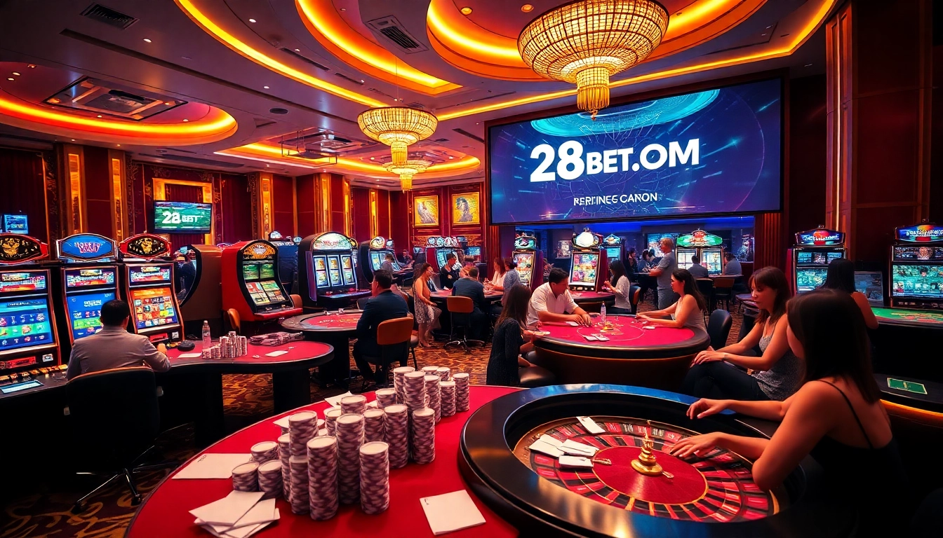 Exciting casino gameplay showcasing 28BET COM with poker, roulette, and vibrant slot machines.