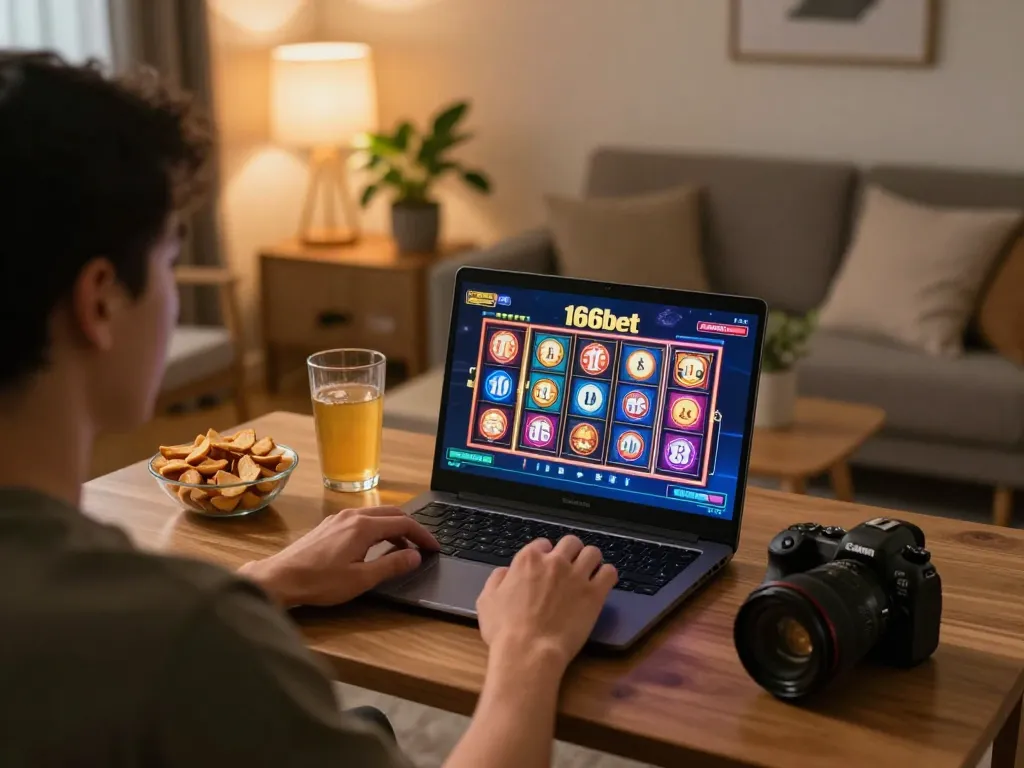 Participando de emocionantes jogos de slots online na 166bet a partir de um confortável setup em casa.