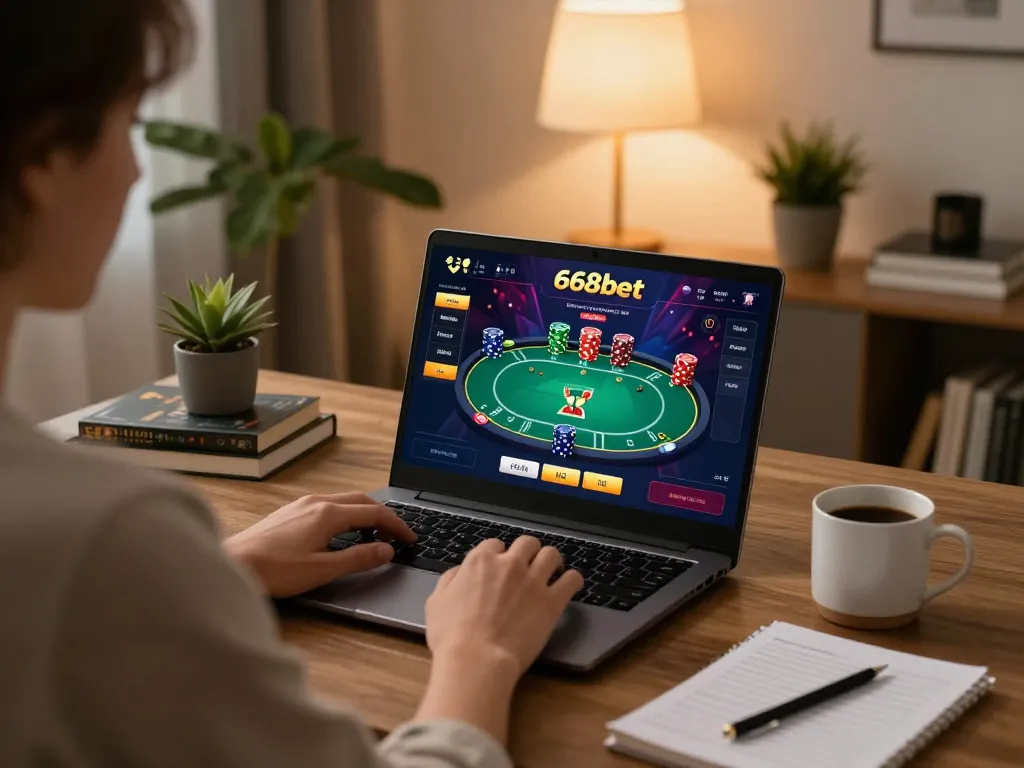 Jogador interagindo com o poker 668bet em um laptop em um ambiente aconchegante, destacando estratégia e emoção.