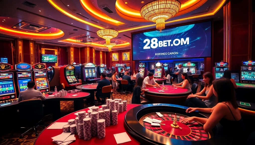Exciting casino gameplay showcasing 28BET COM with poker, roulette, and vibrant slot machines.