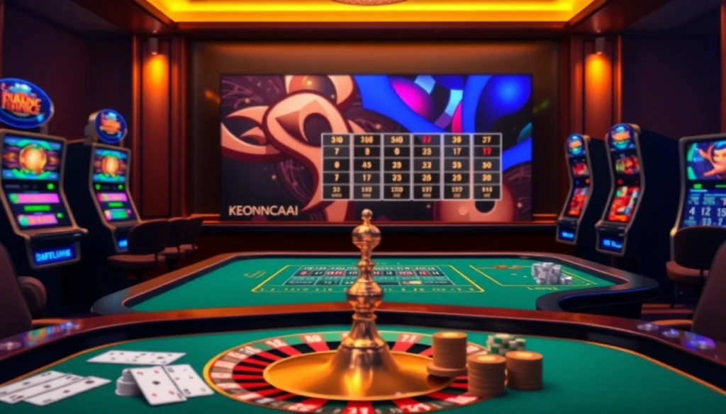 KEONHACAI offers an engaging online gambling experience featuring roulette wheels and vibrant slot machines.
