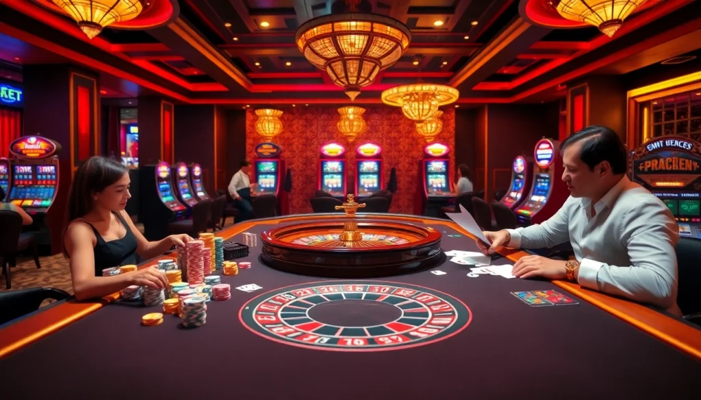 Players enjoying high-stakes games at SHBET casino, showcasing vibrant table action and slot machines.