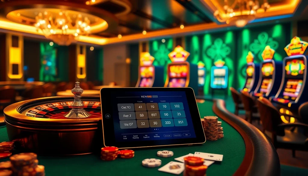 Engage in the vibrant world of NEW88, showcasing luxurious casino visuals with roulette, cards, and betting.