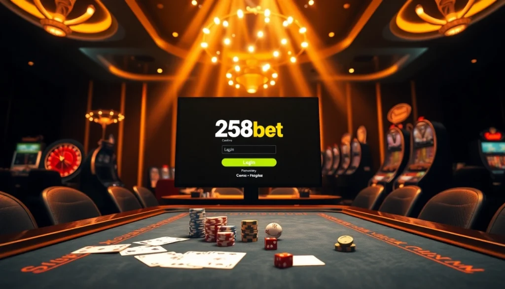 Engage your gaming instinct with the 258bet com login interface surrounded by casino elements.