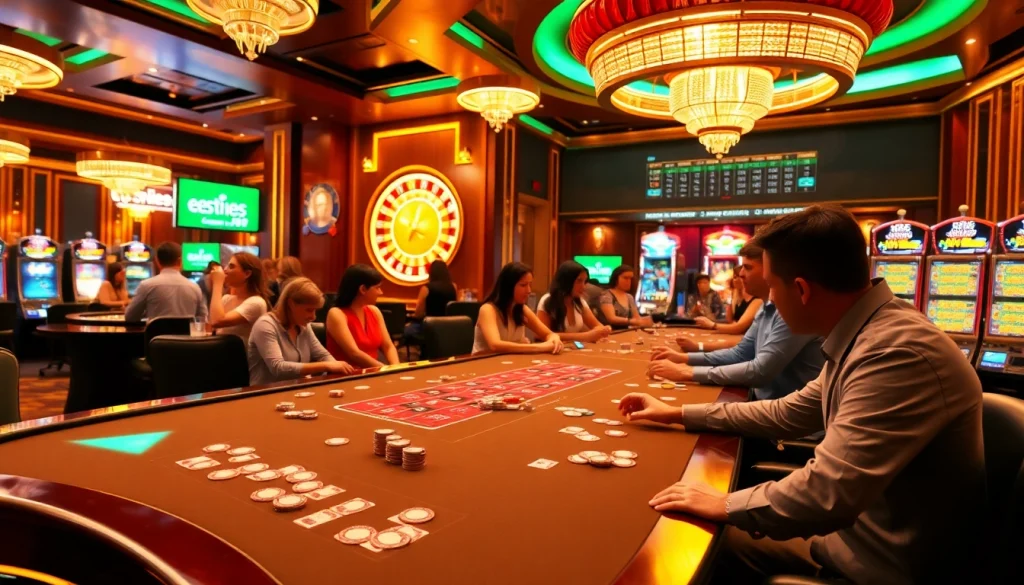 A dynamic gambling scene with ALO789 poker tables and vibrant roulette wheel.