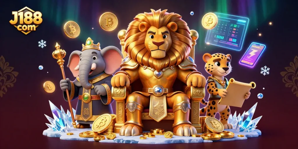 Win with J188 com in an exciting 3D casino scene featuring royal characters and crypto elements.