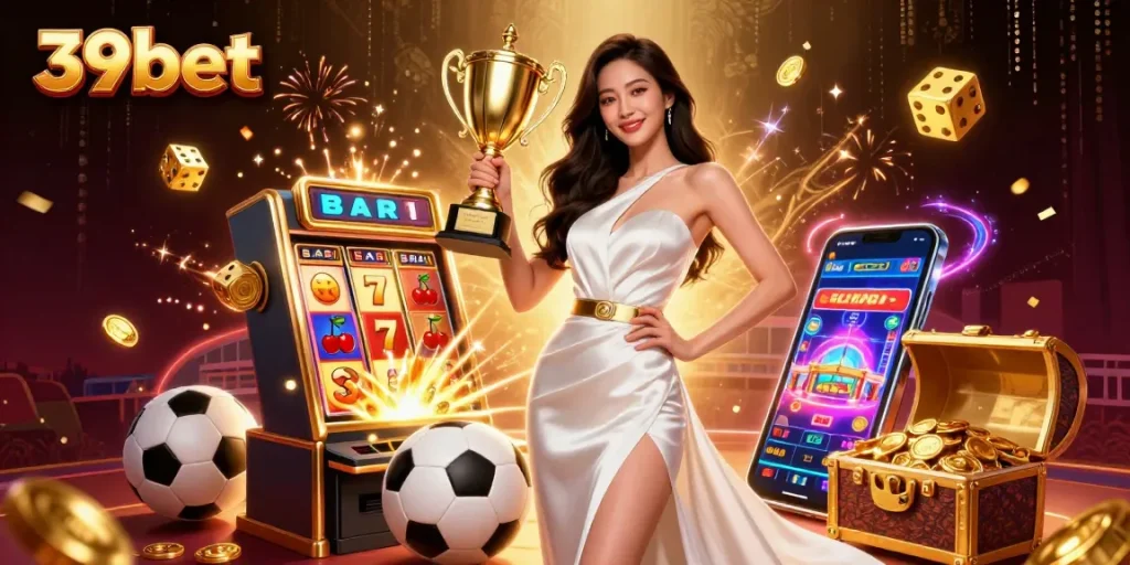 Experience the thrill of winning with 39bet's sports betting elements and prizes in a captivating 3D casino scene.