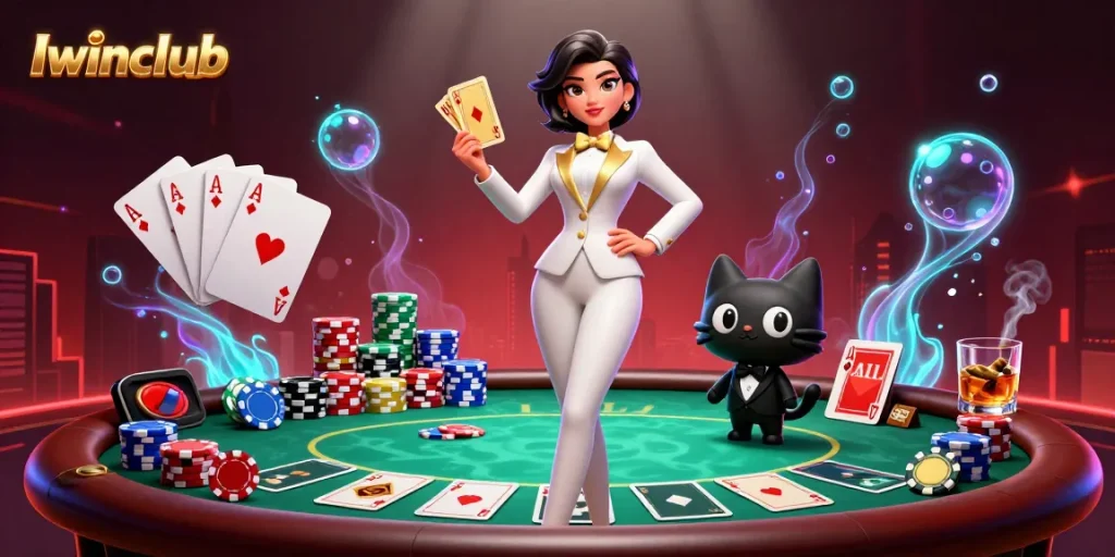 Iwinclub engages players with a glamorous 3D scene featuring a woman shuffling cards and a cat in tuxedo.